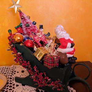 Vintage Santa, With Vtg Wood Toys And Vtg Tree Balls in Wood Sleigh